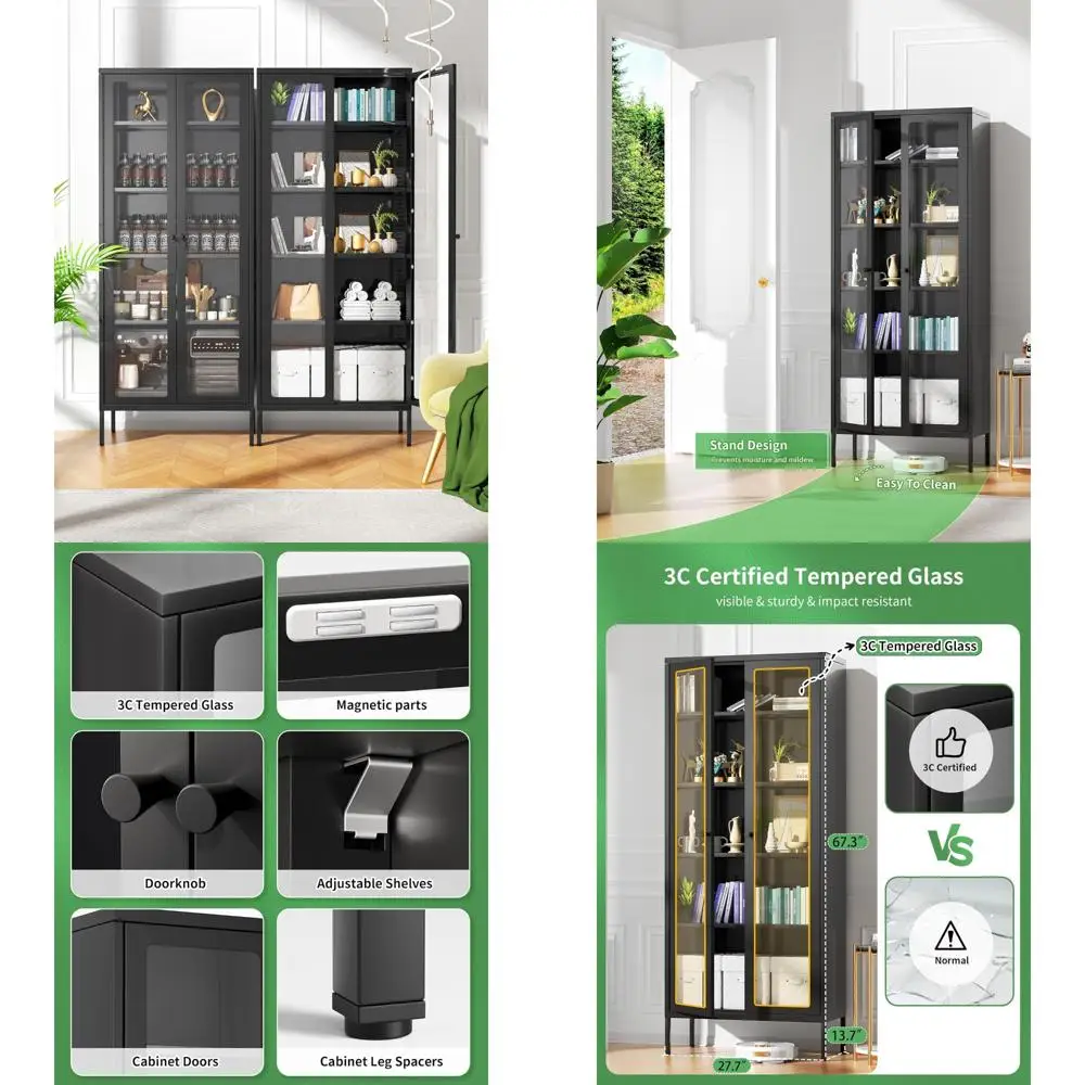 

Black Glass Door Metal Display Cabinet with 4 Shelves, 67 Tall Storage for Collectibles