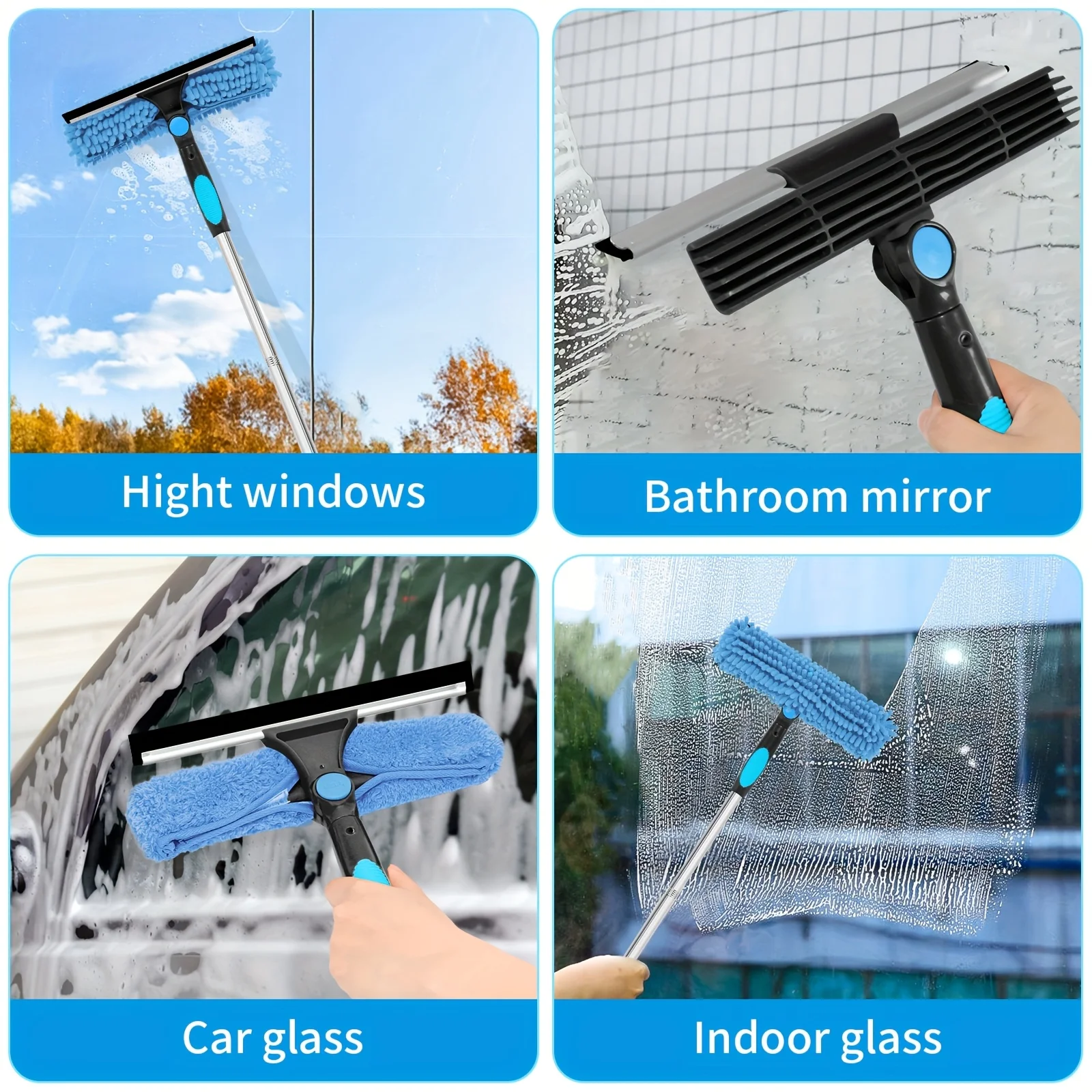 Extendable Handle Glass Cleaning Brush Multi Functional Window Cleaner With Reusable Cloth Squeegee Practical Household Cleaning