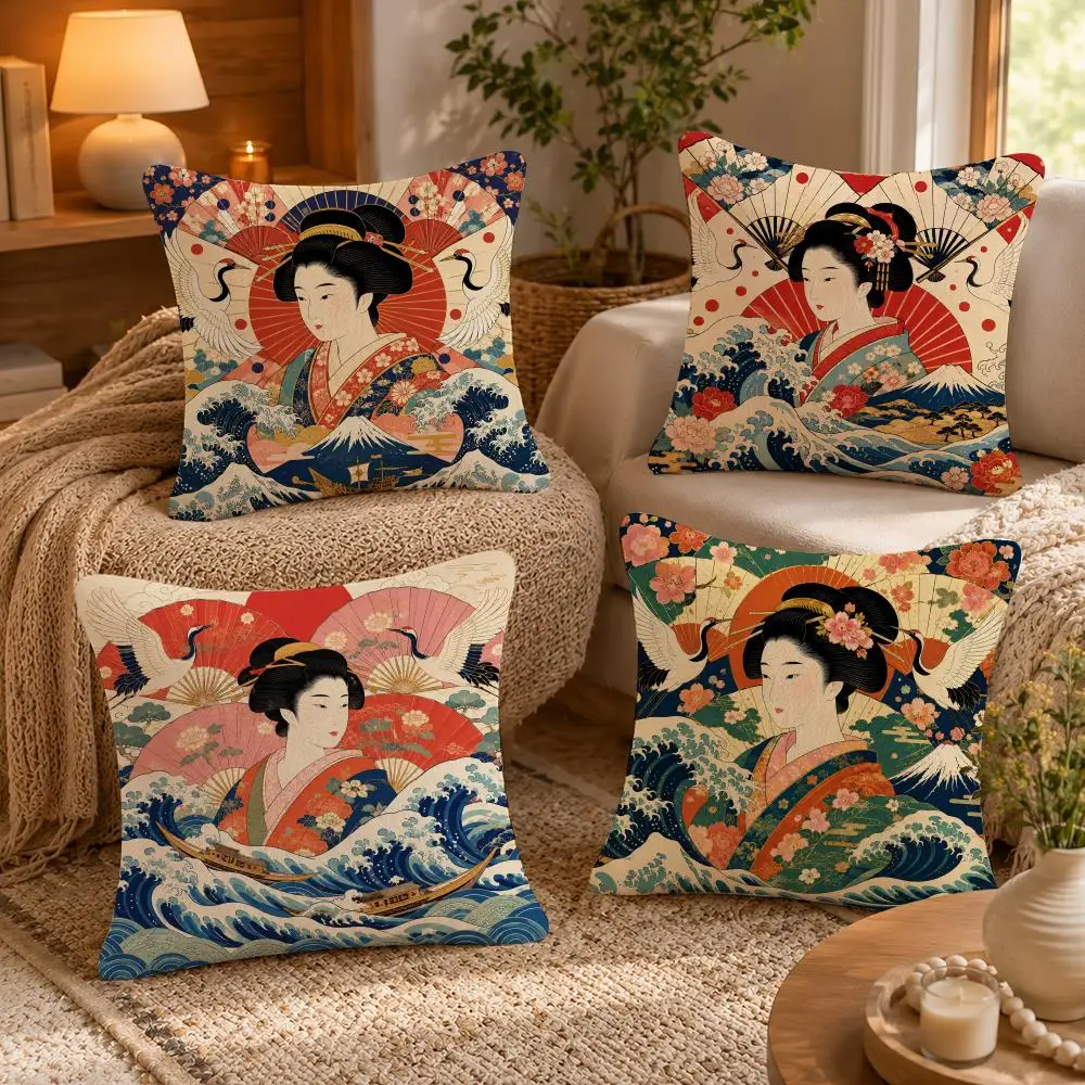 Japanese Inspired Pattern Gift For Asian Culture Lovers Cushion Cover Skin-Soft Pillow Cover Festive Home Accent Sofa Bed