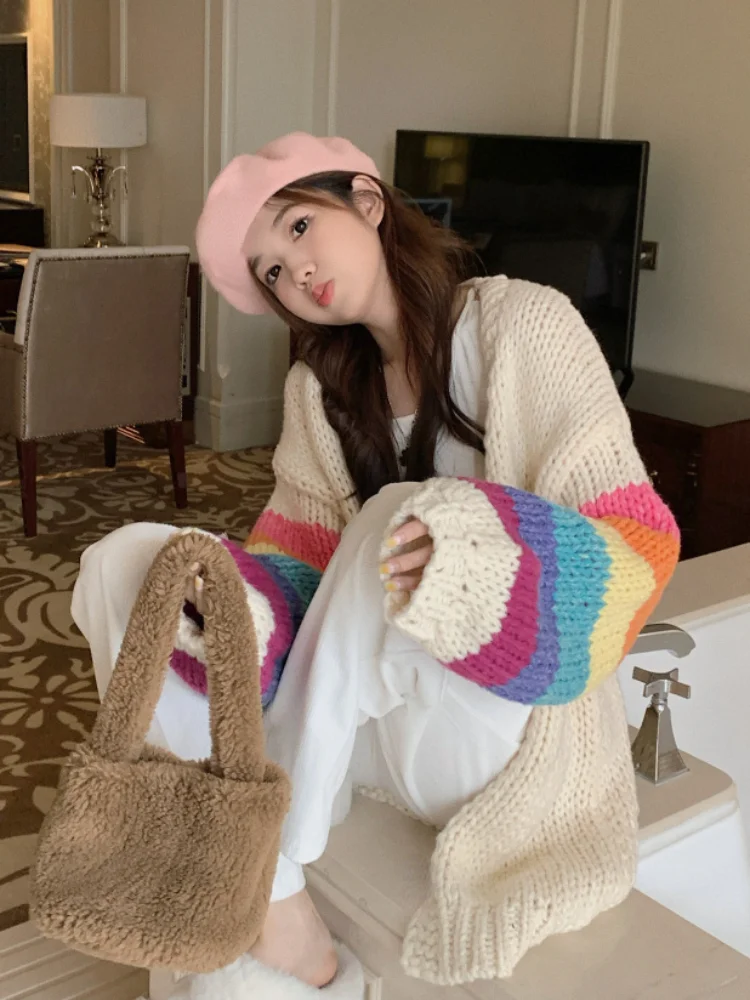 KOSAHIKI Vintage Rainbow Striped Sweaters Female Casual Sweet Y2k Cardigan Korean Fashion Knitted Top 2024 Autumn Kardigany