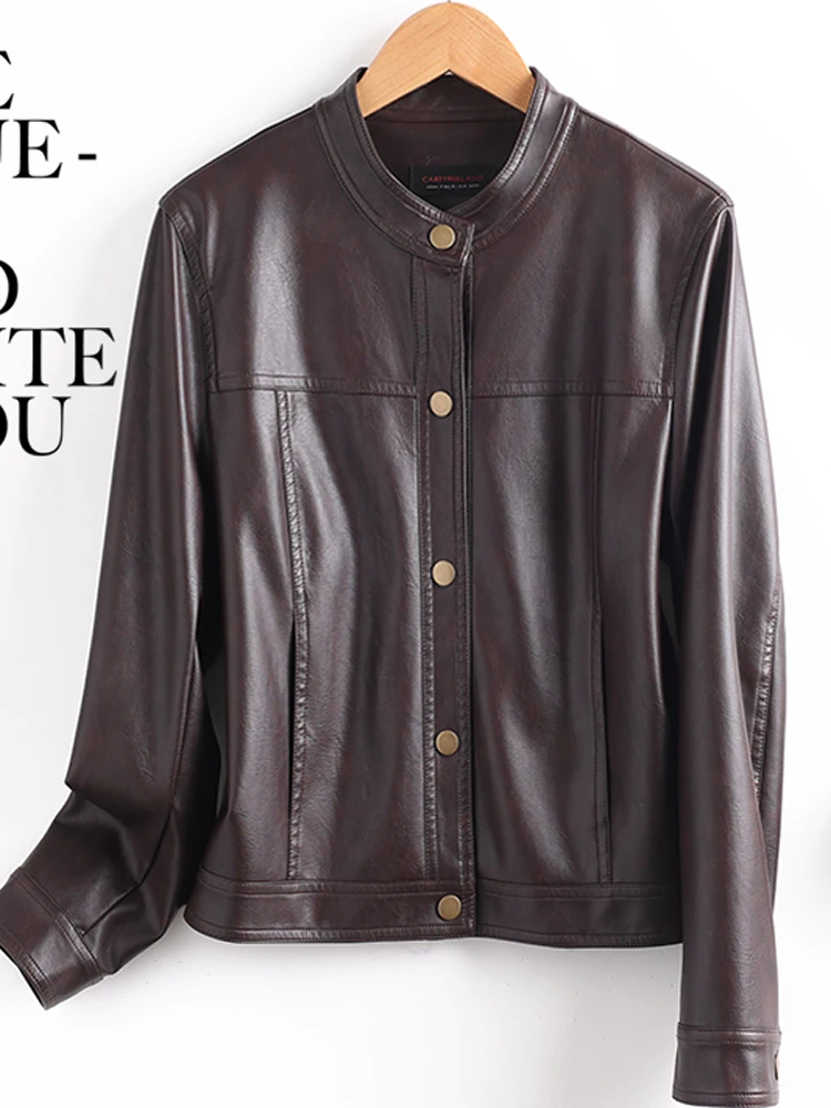 Giacca in pelle da donna Primavera 2025, vestibilità slim, in pelle di pecora, con bottone singolo e collo alto, effetto snellente, capospalla