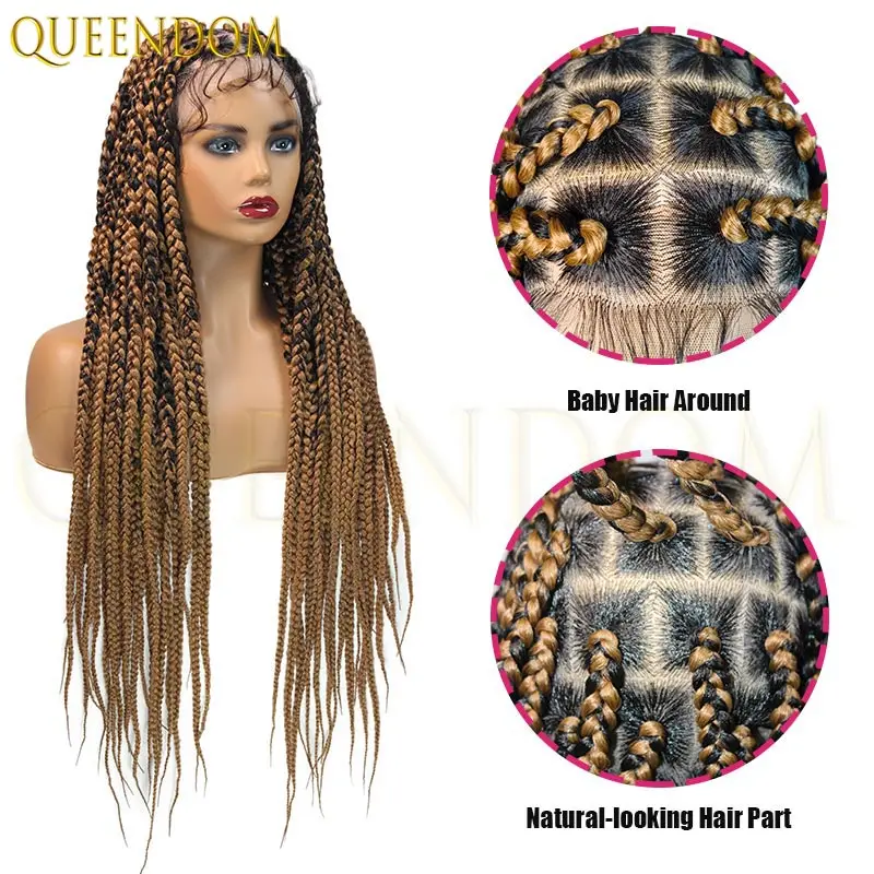 36 "الاصطناعية كامل الدانتيل شعر مستعار مضفر للنساء السود 1B27 صندوق جامبو الضفائر الدانتيل الباروكات كورنو Knotless صندوق جديلة شعر مستعار الأفريقي