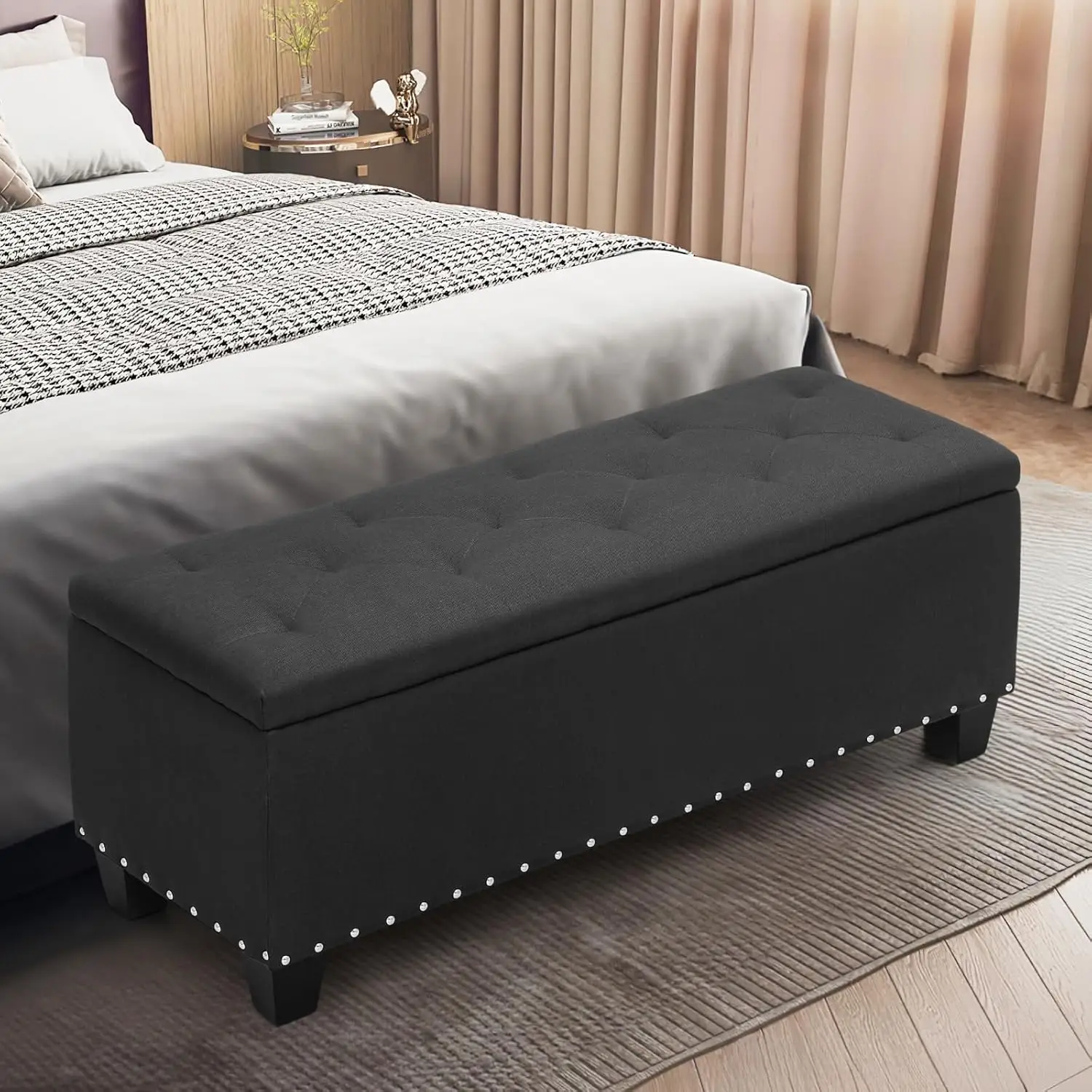 Coffre de Rangement en Tissu avec Siège en Mousse à Mémoire de Forme, Repose-Pieds Rembourrés, Solution Touffetée pour Chambre à Coucher, Peut Contenir jusqu'à 660 Artériels (Lin Noir)