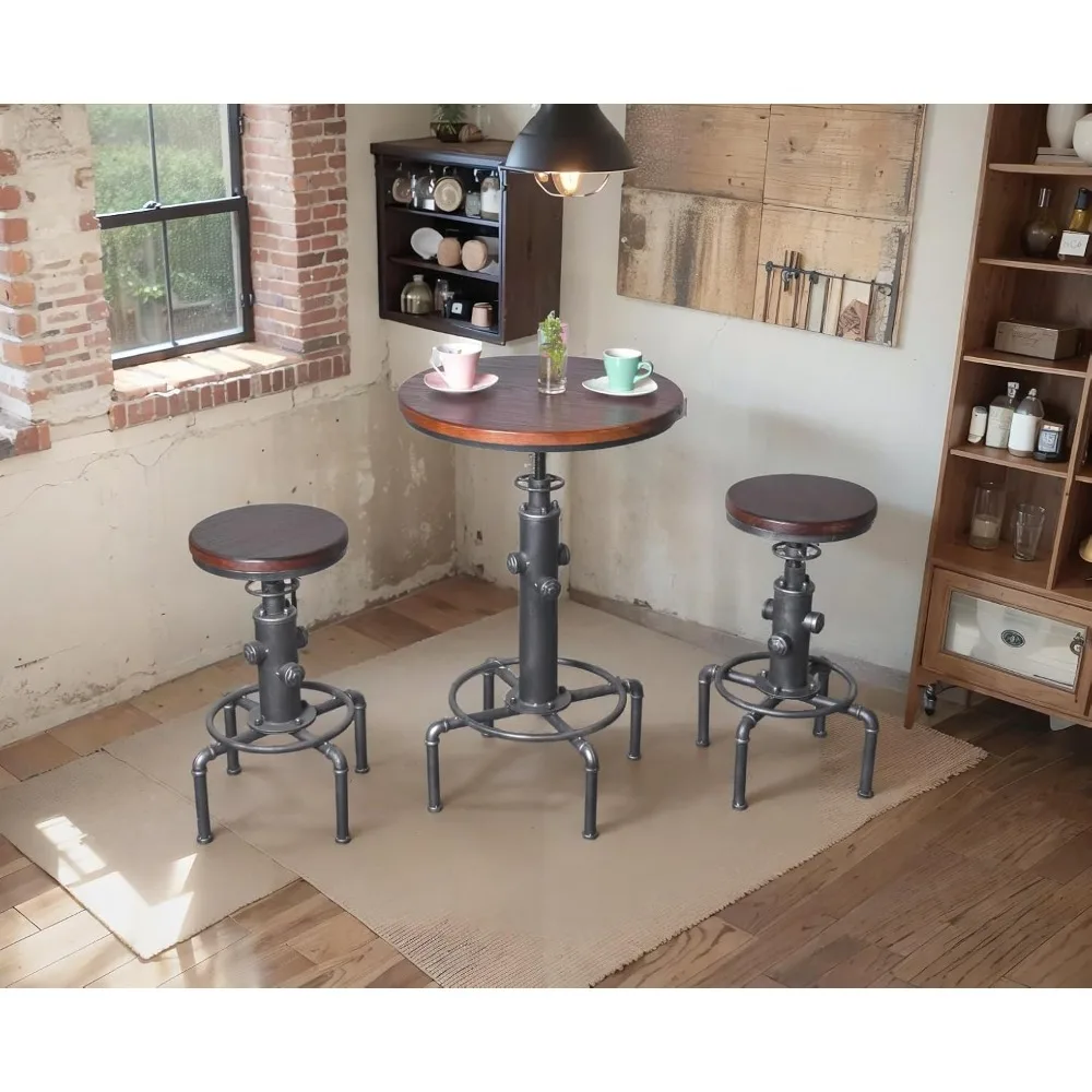 3 Piece Pub bar Set Vintage Industrial Round bar Table and Stools for 2, Height Adjustable Pub Table and stools Match bar Height