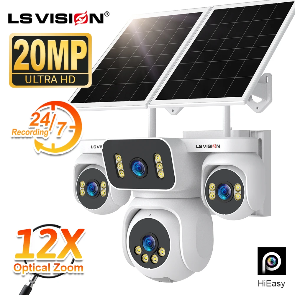 Caméras de surveillance solaires LS VISION 4G AOV avec zoom optique 12x, enregistrement 24/7, 20MP, quatre objectifs, quatre écrans, détection à 30m, suivi automatique des personnes, étanches IP66, avec panneau solaire double 20W