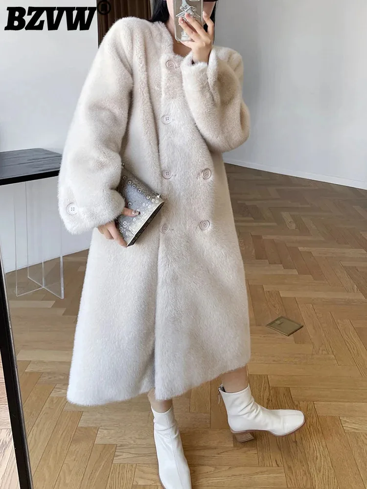 BZVW Korean Imitation Mink Fur Coat Women\'s O-neck Double Breasted Solid Color Mid Length Coats 2024 Autumn Winter New 25A8890