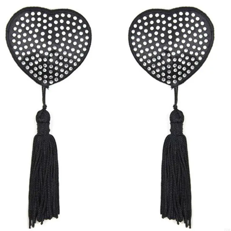 72XE Women Adhesive Nipple Cover Rhinestones Heart Pasties with Tassels Reusable Chest Stickers Breast Cover Bra Pads