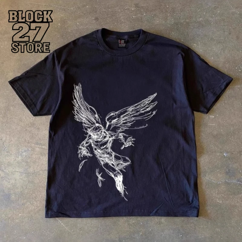 Mens T Shirt Vintage Print American Streetwear Summer Tee Harajuku Unisex Loose Fit Casual Ins Trend Retro College Style Fashion