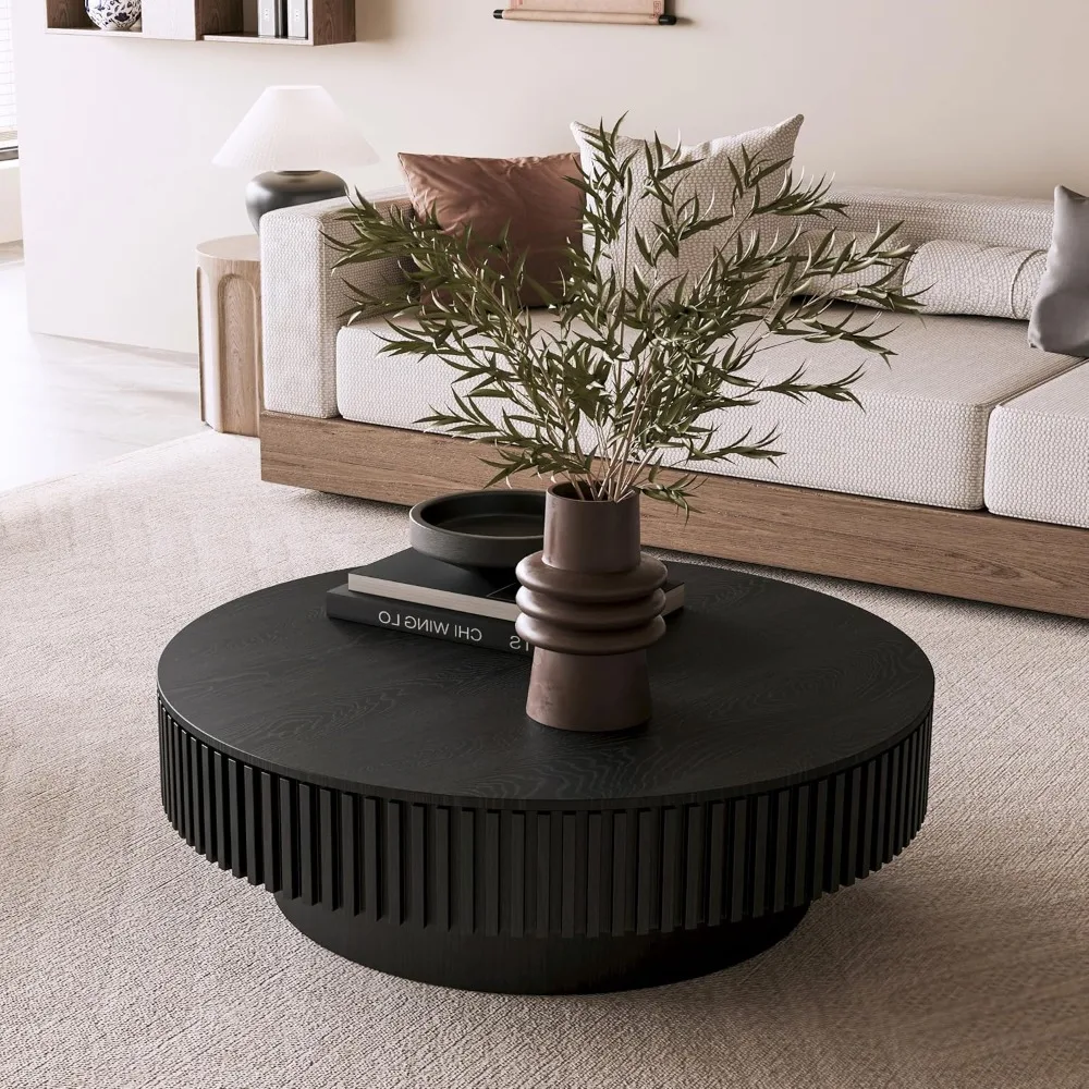 طاولة قهوة مستديرة على طراز المزرعة 39.37 مع مساحة تخزين لغرفة المعيشة والشقة والمكتب باللون الأسود #4