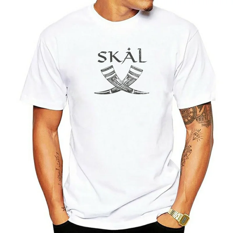 Sk?l III T-Shirt Drinking Horn Valhalla Thor Loki Odin Viking Vikings Norsemen Cotton Tee Shirt Light