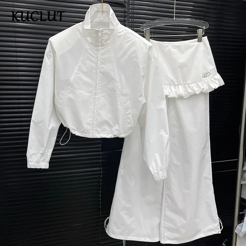 

KUCLUT Fashion Women's Solid Color Zipper Stand Up Collar Short Coat Integrated Straight Casual Pants Female Trendy New 1A76