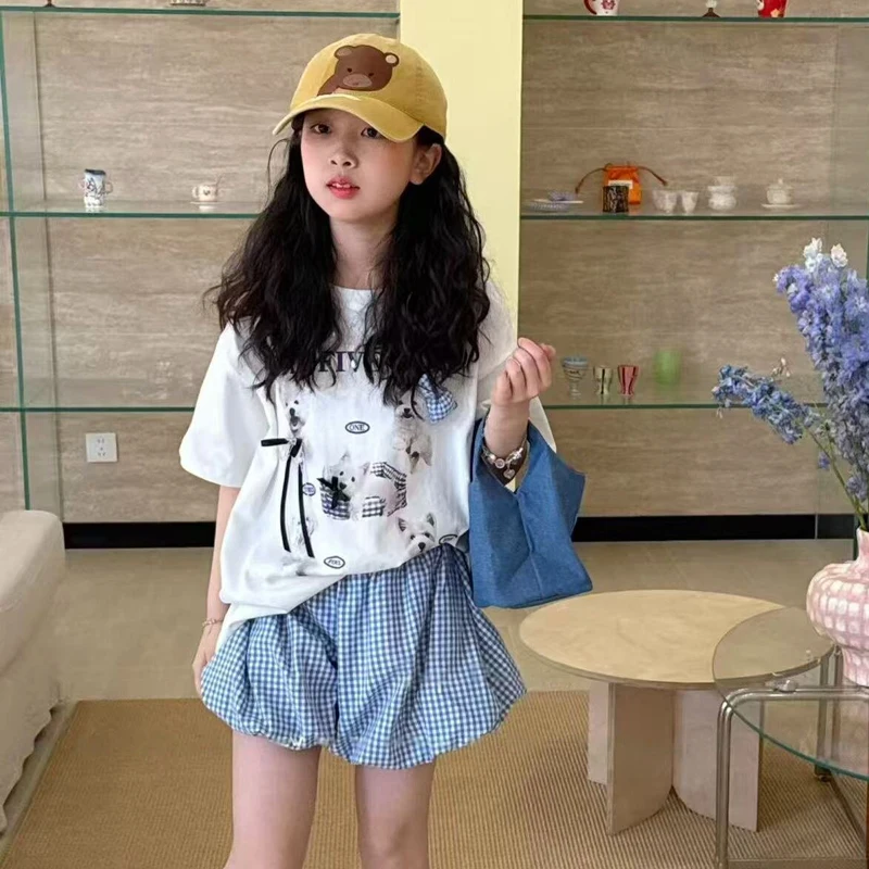 2pcs Cute Girls Summer Clothing Cotton T-shirt & Plaid Skirt Shorts Set School Kid Girl Cartoon Dog Tees Checked Culottes Outfit