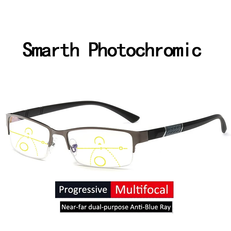 Multifokale Farbwechselnde Herren-Halbrahmen-Smart-Zoom-Brille für Nah- und Fernsicht 806