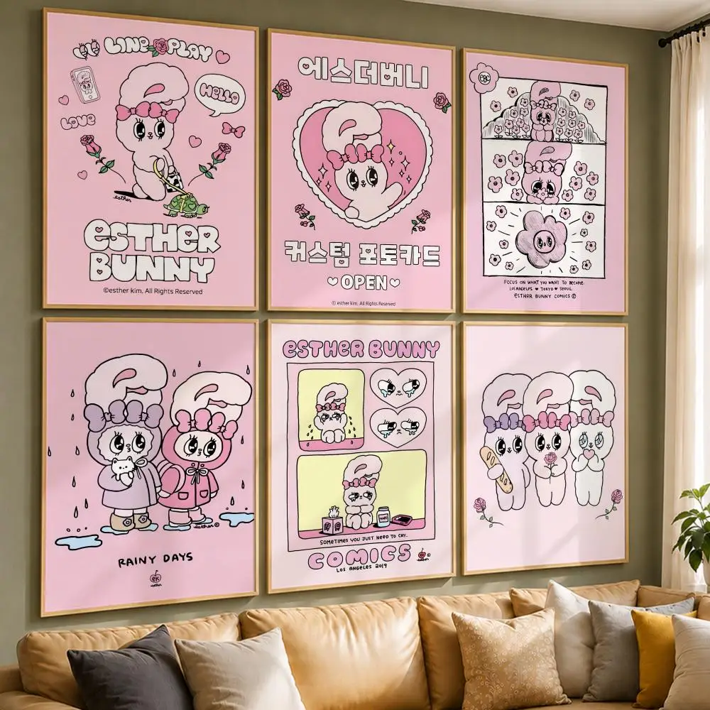 Cute Character E-Esther BunnyS Poster Vintage Retro Anime Poster Stickers Peel and Stick Wall Art Home Decor
