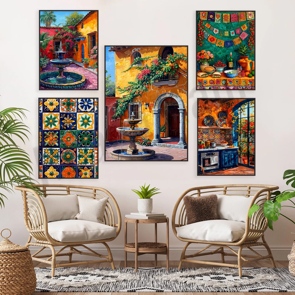 Mexican Talavera pottery still life, Talavera tiles, patio, traditional folk art, Mexican garden painting decoration poster