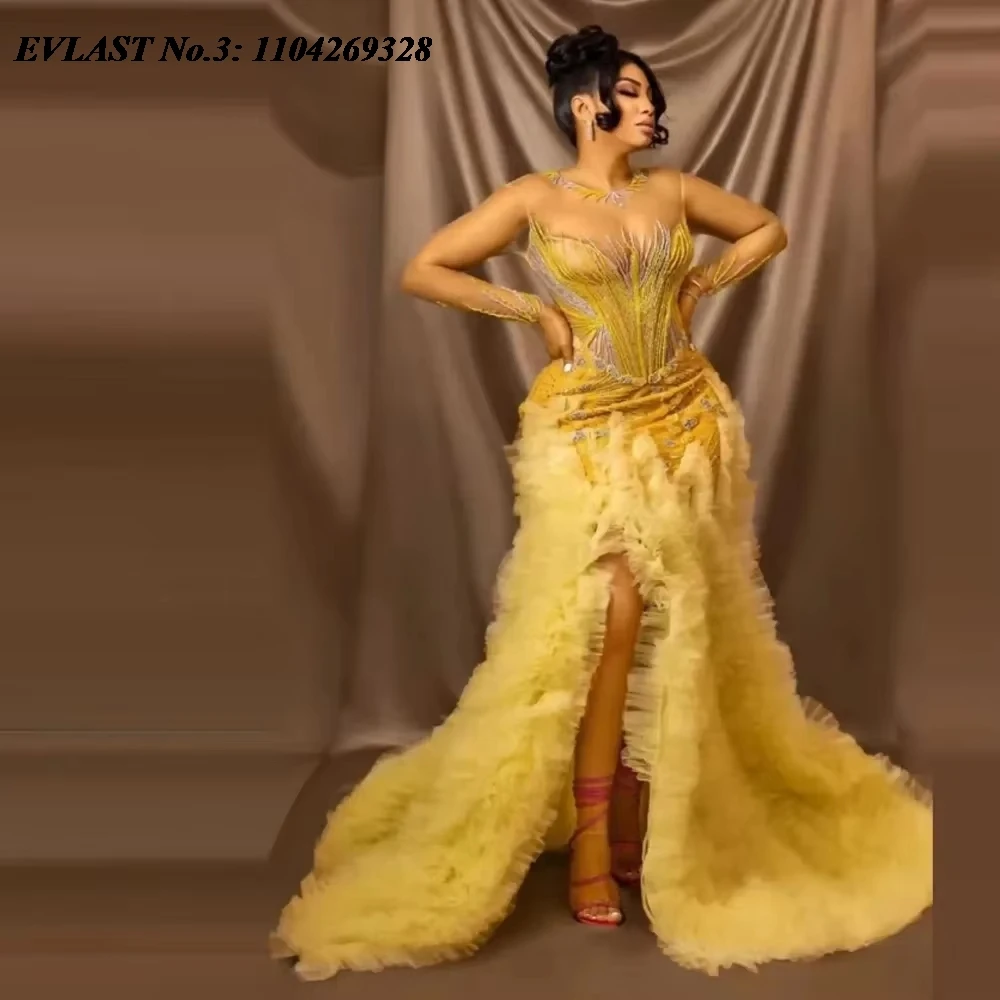 

EVLAST Customized African Aso Ebi Gold Mermaid Prom Dress High Slit Ruffles Crystal Beaded Evening Gown Robe De Soirée E3P441