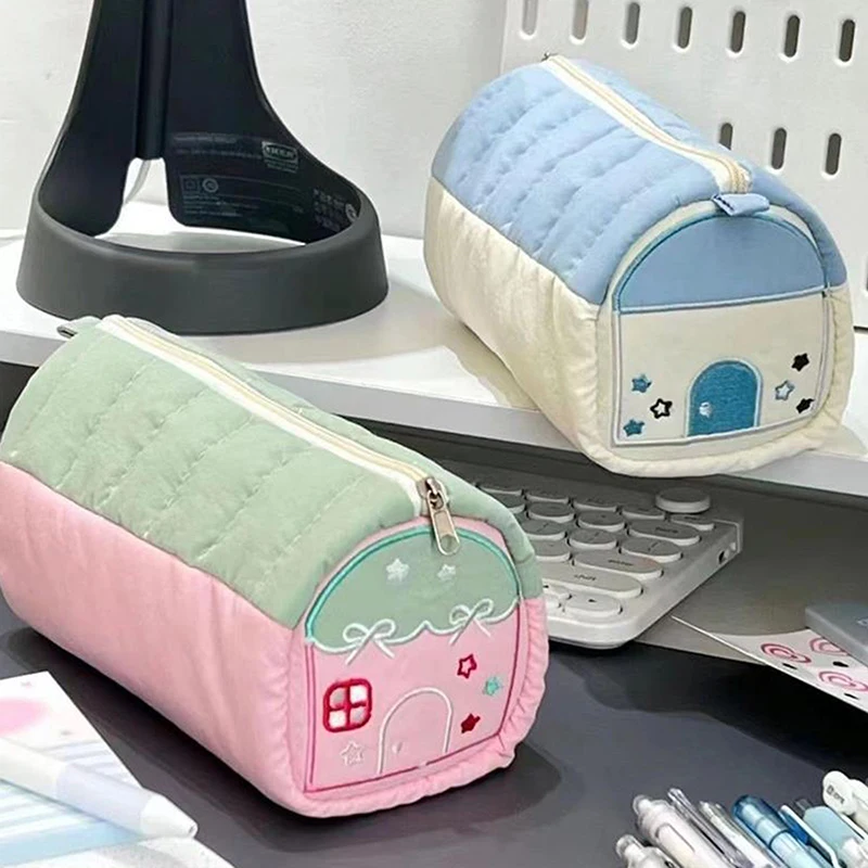

Cute Girl's Heart Pink Blue House Pencil Cases Large Capacity Storage Bags Cosmetic Bag Student Stationery School Supplies Gifts