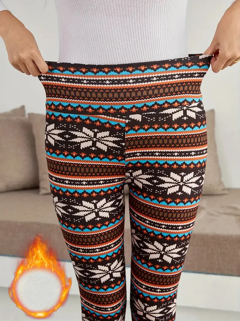 Bohemian Style Fleece Lined High Waist Yoga Pants Women's Fashion Casual Sports Fitness Gym Tights Trousers