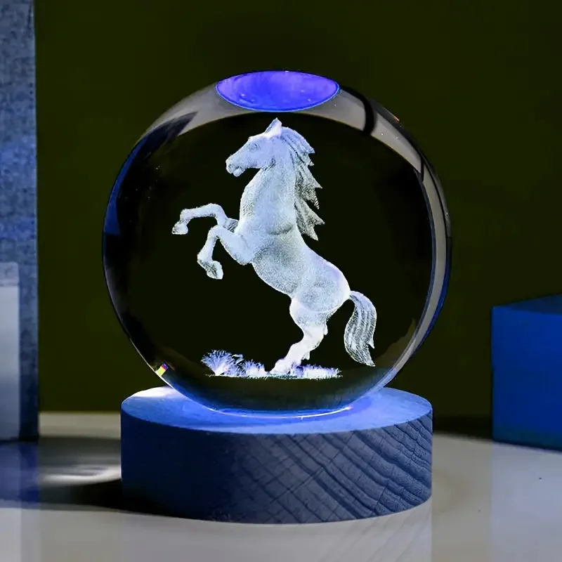 1 PC 3D laser carved horse crystal, equipped with wooden colored lamp holder, home decoration, crystal glass ball night light