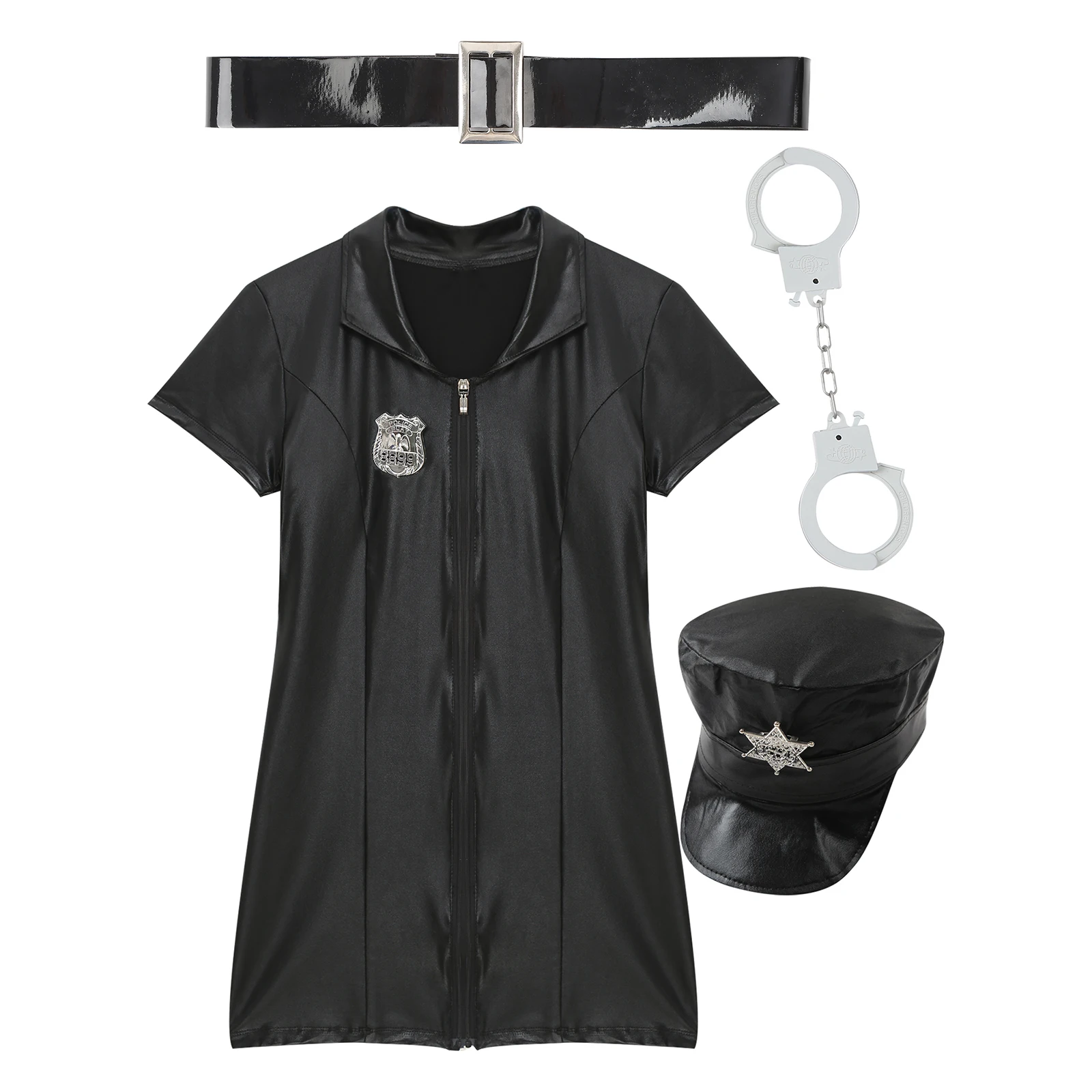 Tenues de cosplay de policière pour femmes, uniforme de jeu, robe d'officier de flic avec ceinture, chapeau d'insigne, manacles et poignets, 4 pièces