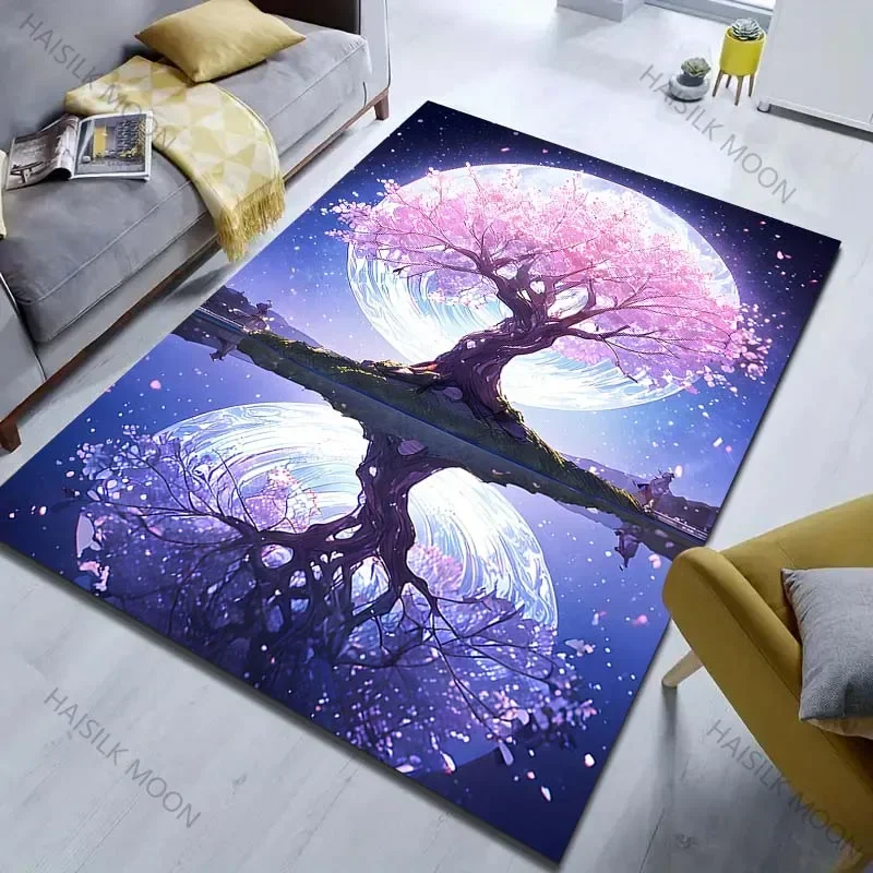 HD-Moon and Cherry Blossom Trees Pattern Carpet for Bedroom Living Room Bedside Sofa Floor Mat Gifts Modern Home Decor Area Rug
