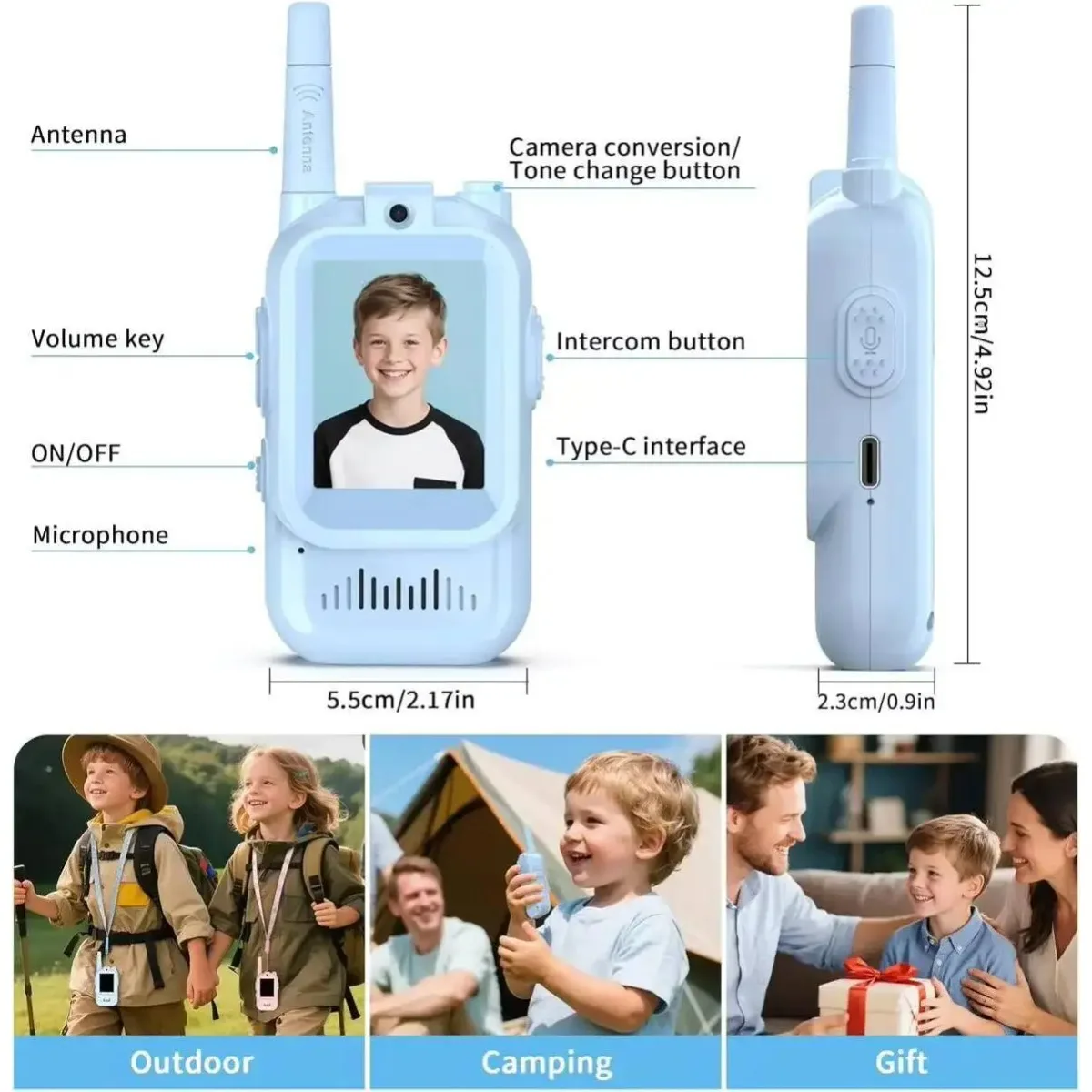 Ensemble de talkie-walkie vidéo pour enfants, 2 pièces, écran haute définition Rechargeable de 2 pouces, appel en un clic, interphone de dessin animé, cadeau