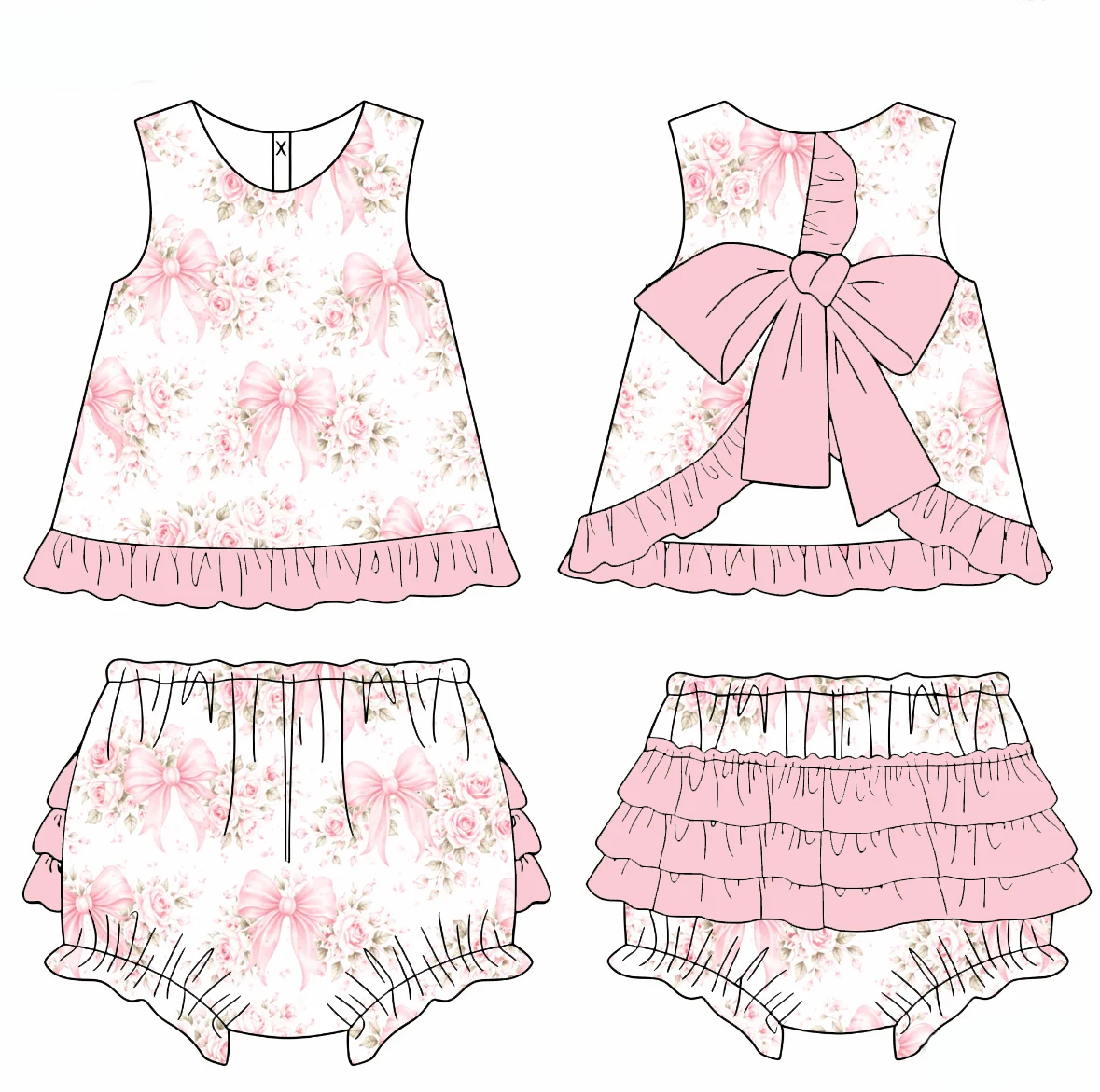 Hot Sales Summer Girl Clothing Sleeveless Bow Ruffles Bummie Set Strawberry Bow Print 2 Piece Set