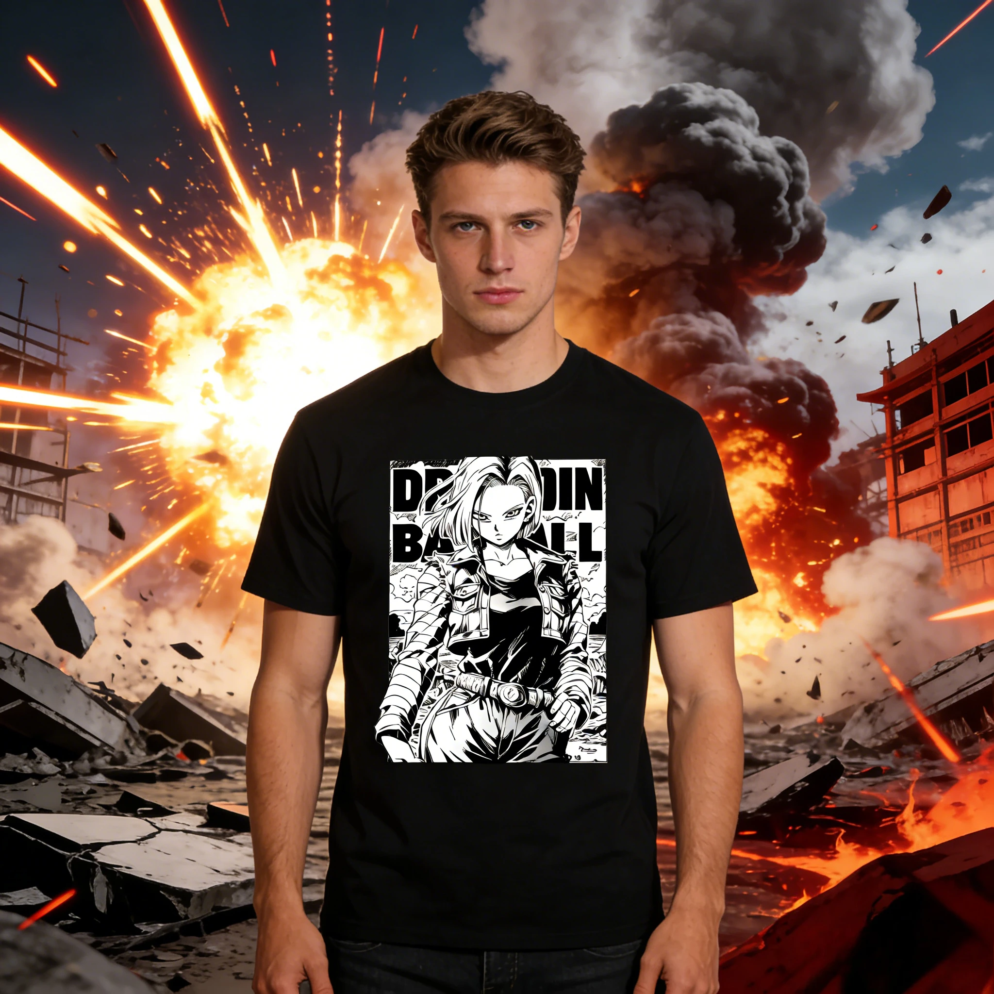 2026 Summer Dragon Ball Android 18 Vintage Anime T-shirt Men's Pure Cotton Washed Tees Casual Loose Sports Daily Short Sleeve