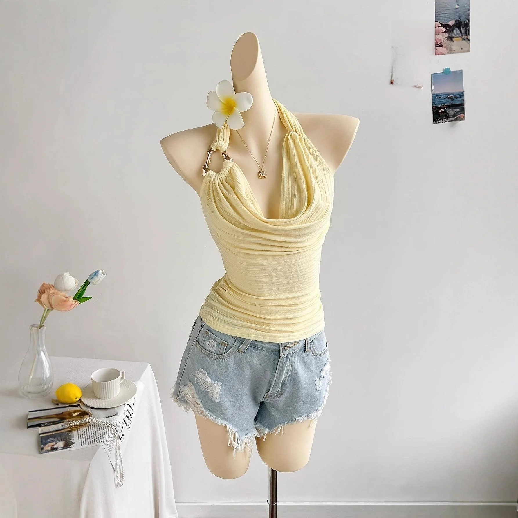 Summer Design Sensation Metal Neck Hanging Slimming Holiday Style Strap Women's Vest Cross-Border Fashion Casual Color Block