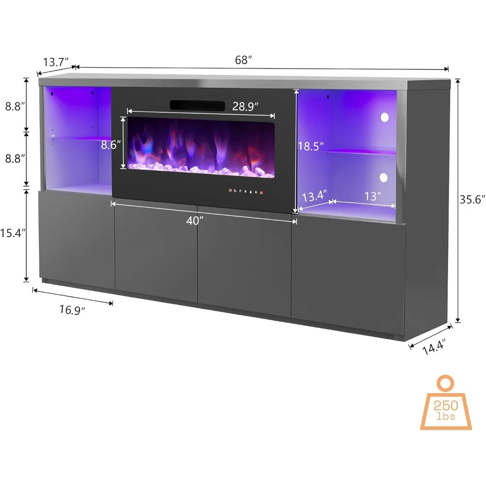 Modern High Gloss 68 Inch Fireplace TV Stand,Fireplace Entertainment Center with LED Lights,Suitable for TVs Up To78 Inches Tall