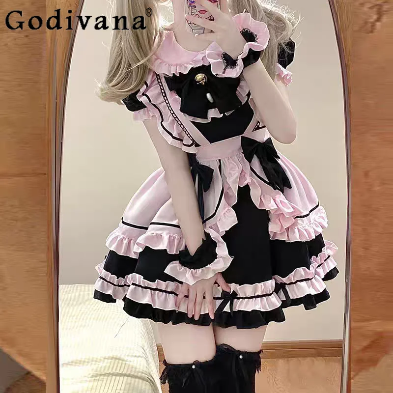 

2025 Summer New Maid Cosplay Sweet Cute Lace Short Sleeve Dress Girls Ruffles Peter Pan Collar High Waist A-line unique Dresses
