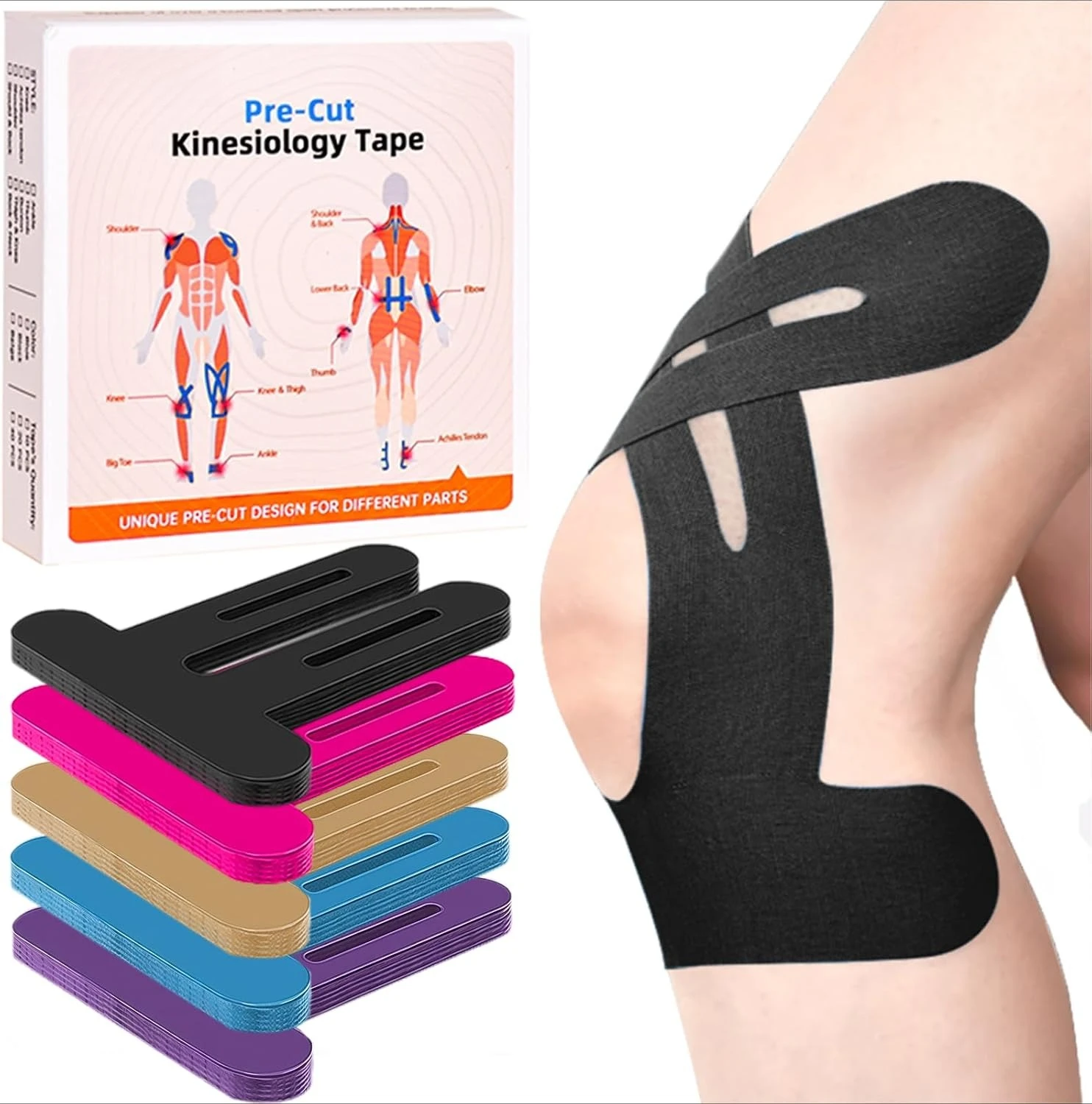 Precut Kinesiology Tape for Knees 10 Pcs - Knee Support & Stability, Knee Pain Relief Athletic Tape - Waterproof & Elastic