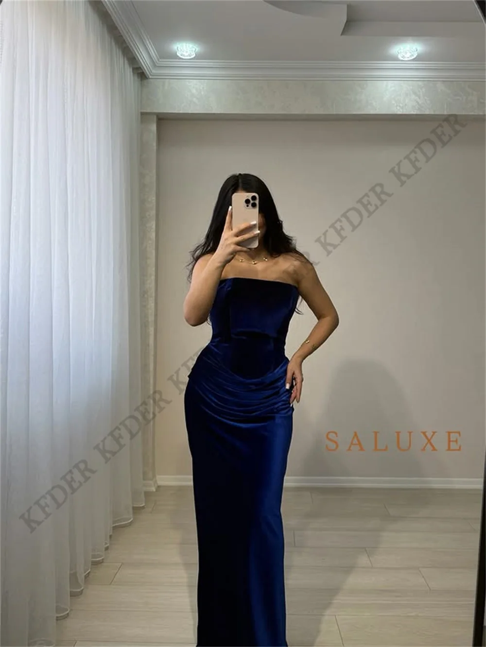 Royal Blue Velour Sheath Prom Dress Strapless Detachable Long Sleeves Evening Dress Long Formal Party Dress Customized