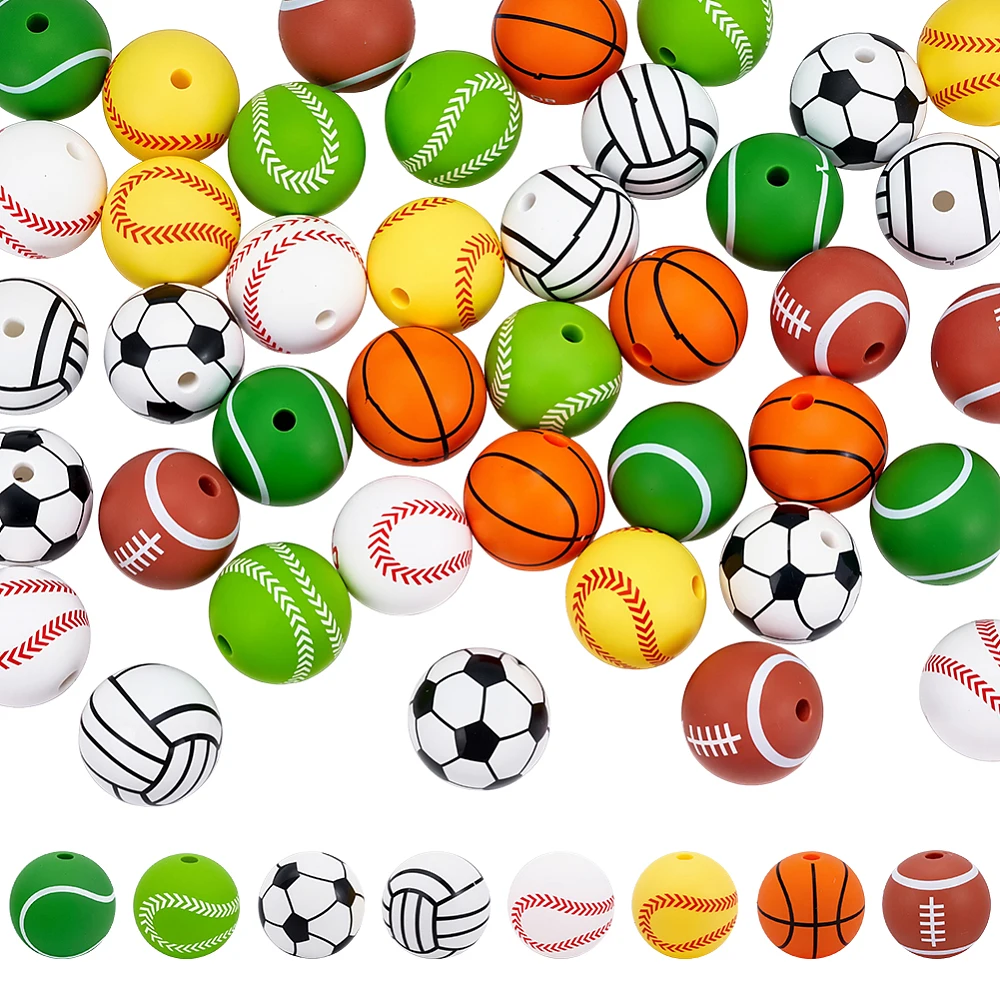 40Pcs Sports Silcone Beads 8 Style Rugby Basketball Volleyball Football Tennis Ball Beads Charms for Jewelry Making