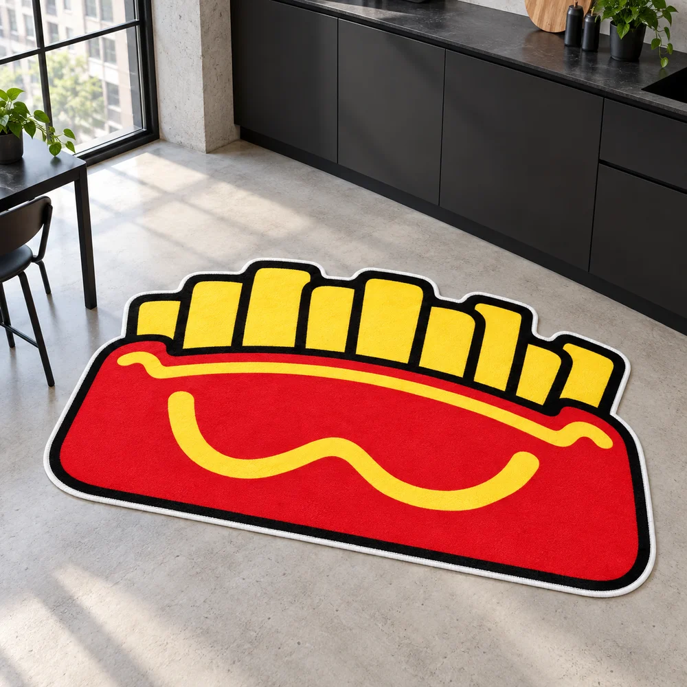 Cartoon Red French Fries Shaped Area Rug, Non-Slip Soft Flannel Floor Mat for Game Room, Bedroom, Kitchen and Fun Home Decor