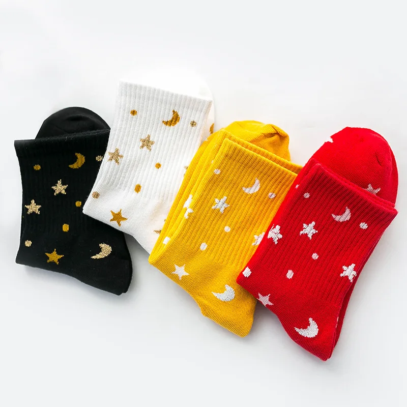 Japanese Korean Harajuku Silver Silk Woman Socks with Star Moon Cartoon Funny Socks Women Casual Kawaii Calcetines 31802