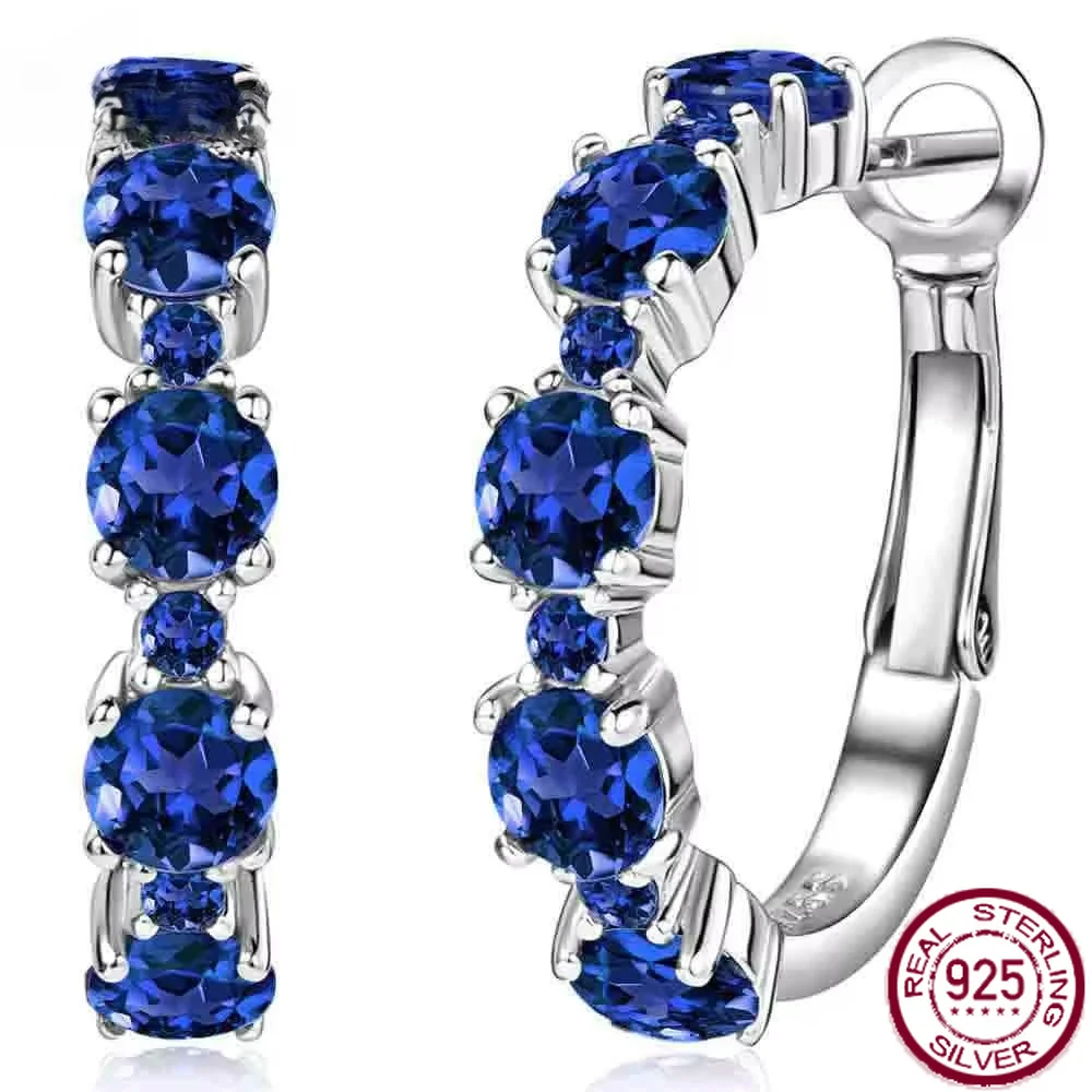 Yaranyan Vintage 100% 925 Sterling Silver Lab Ruby Sapphire High Carbon Diamonds Gemstone Hoops Earrings Cocktail Fine Jewelry