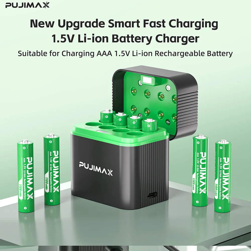 PUJIMAX 1.5V AAA 1100mWh Rechargeable Lithium-ion  Battery With Smart Battery Charger SET  Batteries Individually Available