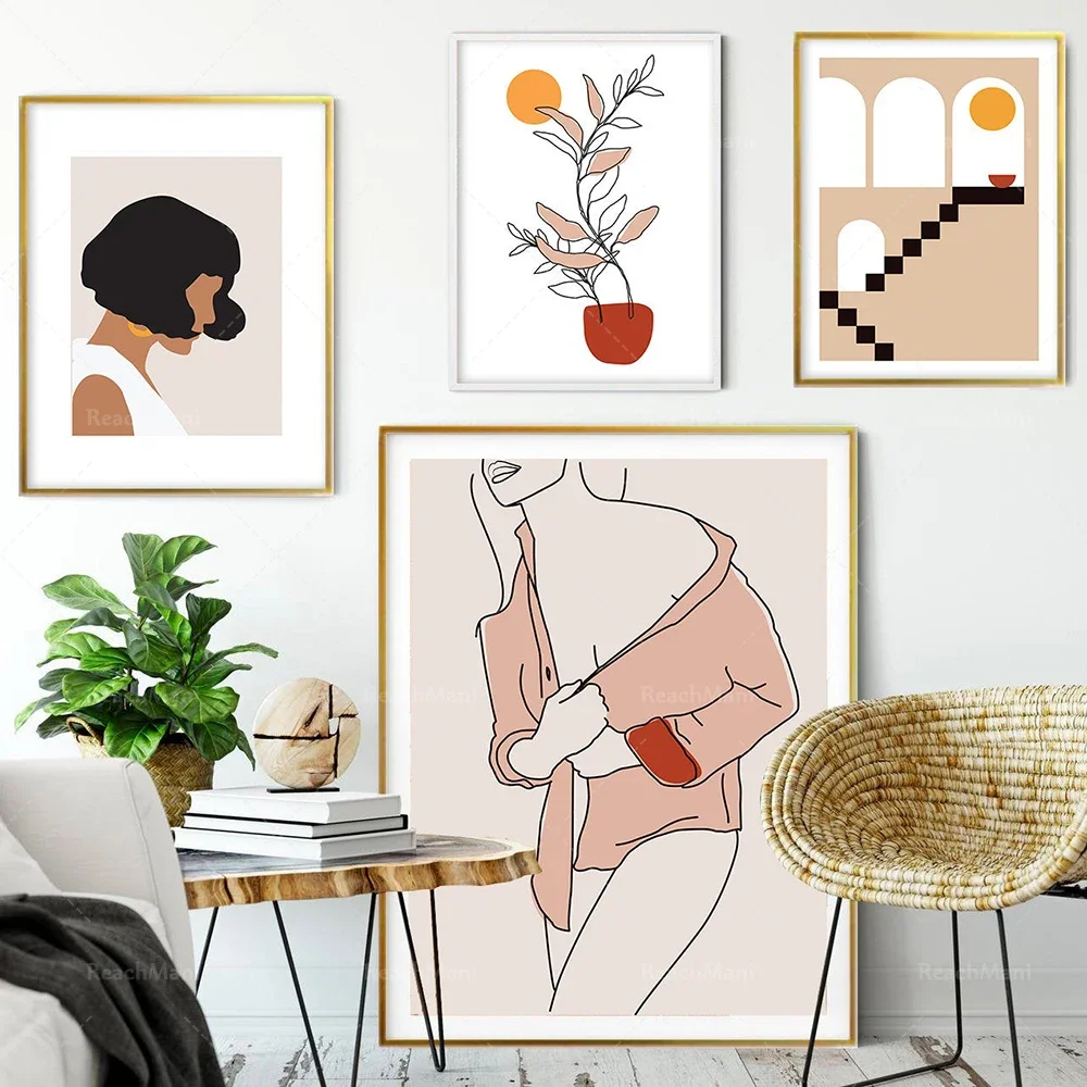 Abstract minimalist art Bohemian gallery wall set 4 prints, a set of mid-century modern art prints, a set of line drawing bohemi