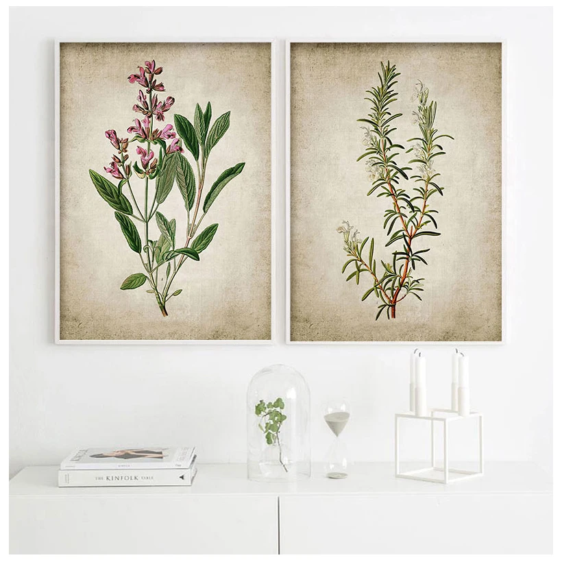 Vintage Herb Art Canvas Poster And Prints , Oregano Rosemary Sage Thyme Canvas Painting Retro Wall Pictures Home Art Wall Decor