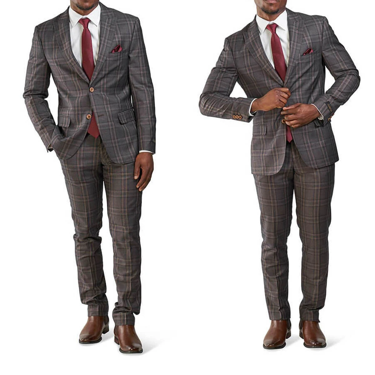 Brown Men's Suits Tailored 2 Pieces Blazer Pants Single Breasted Peaked Lapel Plaid Stripes Wedding Groom Tailored Plus Size