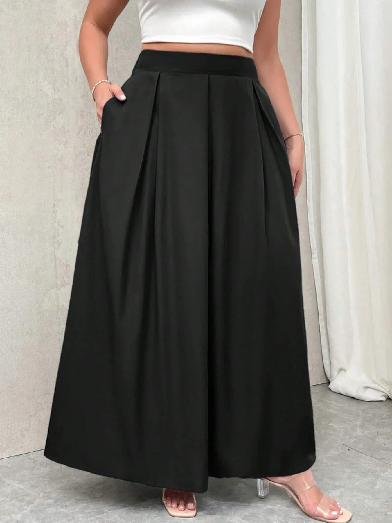 Plus Size Damen Einfarbiger Plissierter Maxirock mit Hoher Taille, Ausgestellter Langer Rock, Lässig-Eleganter A-Linien-Rock für Damen – Detail 7