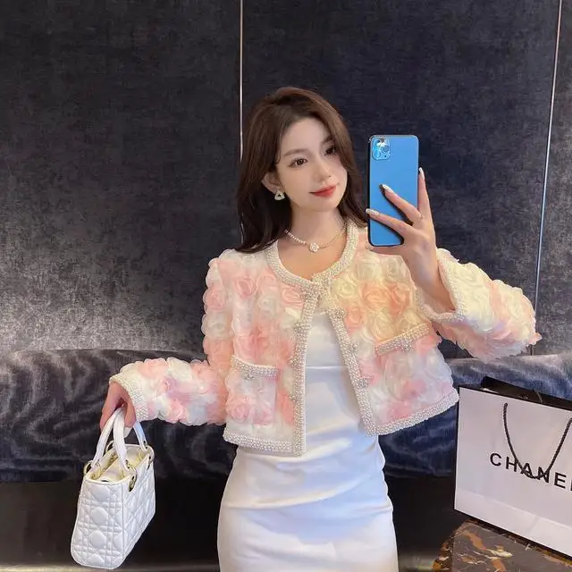 Korea Flower Coat Fall Winter Fashion Women Pearl Edge Studded Three-Dimensional Floral Yarn Short Jacket