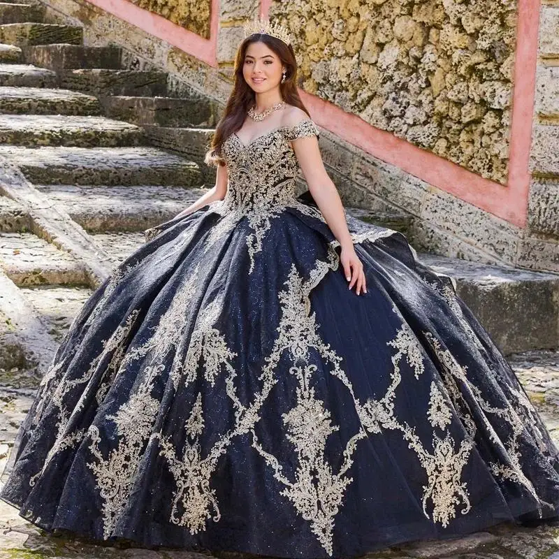 

Black Ball Gown Shiny Quinceanera Dresses Gold Appliques Beaded Sequins crystal Prom Vestidos de 15 Anos Customized Elegant