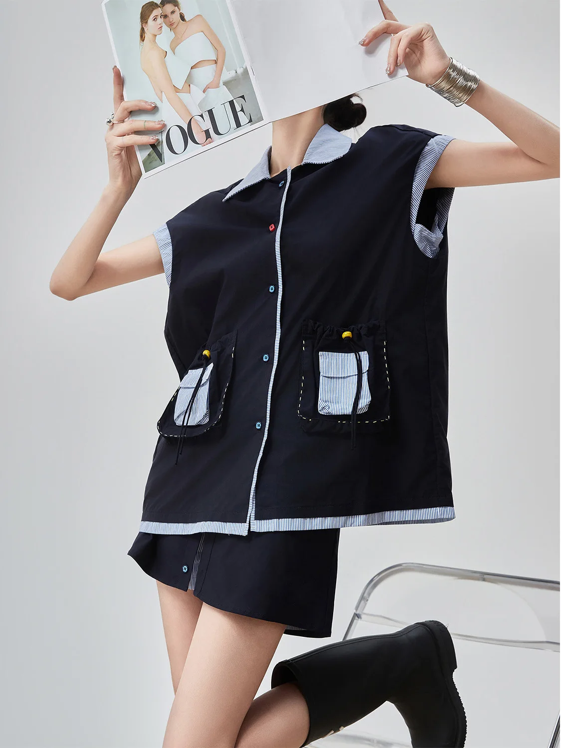 

Retro Style Sleeveless Stripe Patchwork Two-Piece Set Women's Loose Casual Collar Spring Summer Loose Fit Casual Set