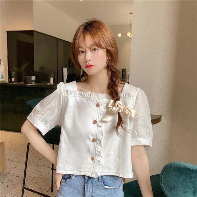 French Style Stringy Selvedge Square Neck Shirt for Women\'s Summer New Sweet Temperament Bubble Sleeves Super Fairy Short Top