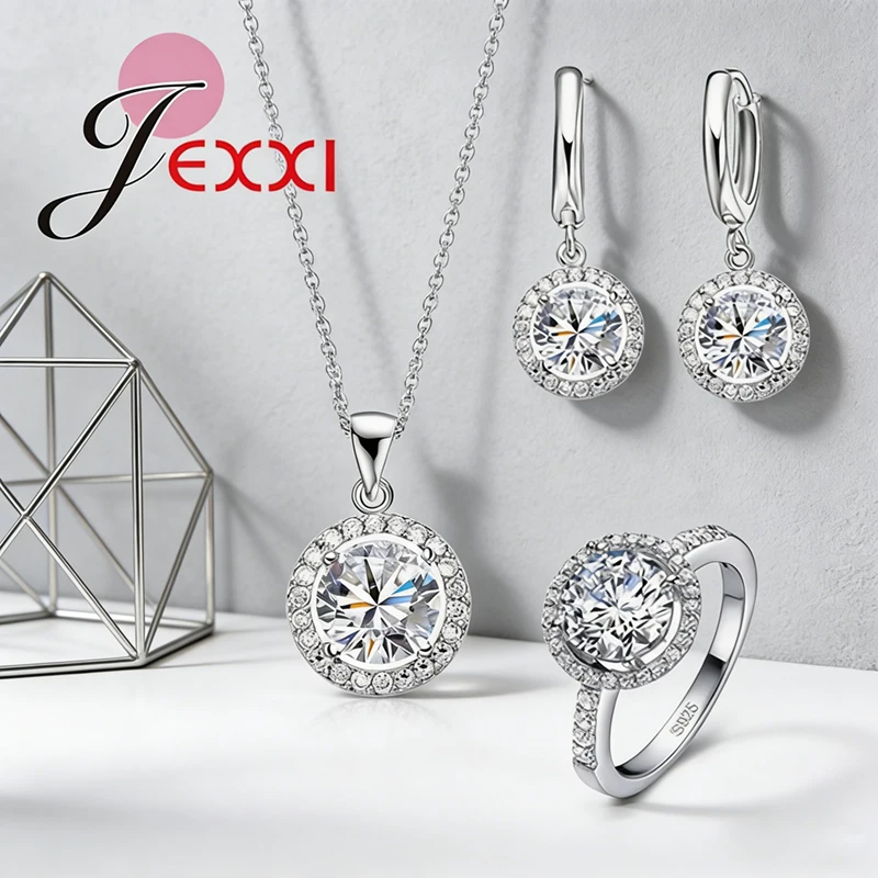 Exquisite Women Wedding Necklace Earring Ring Jewelry Set 925 Sterling Silver Zircon Crystal Jewelry Set