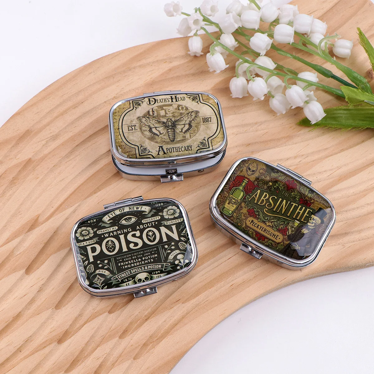 Retro Gothic Skeleton Moth Pill Box Portable 2-Compartment Mini Medicine Case Pocket Tablet Storage Organizer for Travel Purse