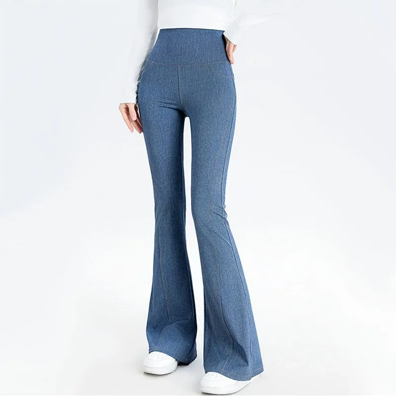 Spring Summer Women Faux Jean Flare Pants Thin Female High Waist Imitation Denim Leggings Ladies Elastic Skinny Pencil Trousers