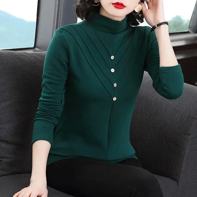 2023 Autumn/Winter Korean Edition New Half High Neck Thickened Double Sided German Velvet Long Sleeve Style Top Trend